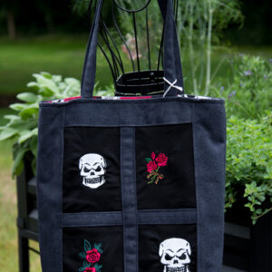 One of a kind skull and rose embroidered tote